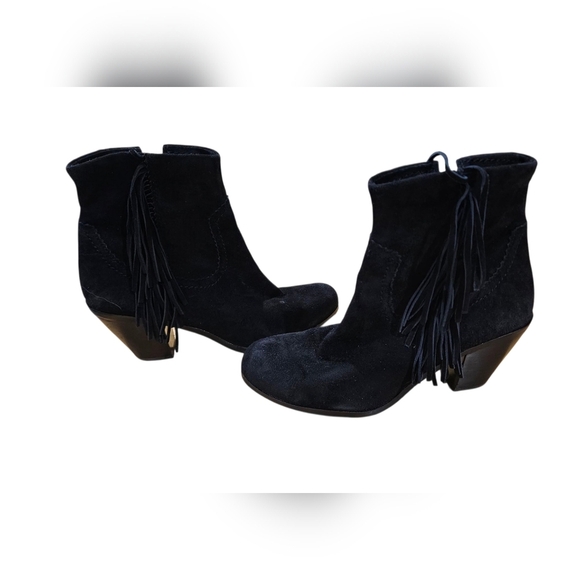 SAM EDELMAN Suede Louie Fringe Ankle Zip Booties. Black. Size 8 - Picture 3 of 15
